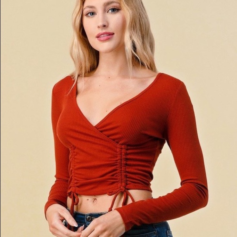 Ruched Ribbed Tie-Up Cropped Long Sleeve in Brick